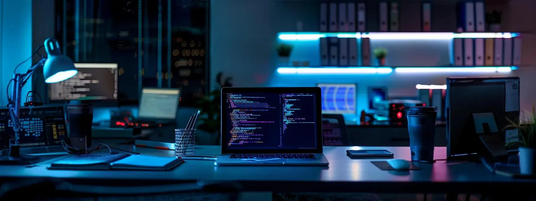 a sleek, modern office workstation is illuminated by soft, focused light, showcasing a high-tech laptop open to a vibrant coding interface, surrounded by multiple devices representing the solana mobile kit in a tidy, organized manner.