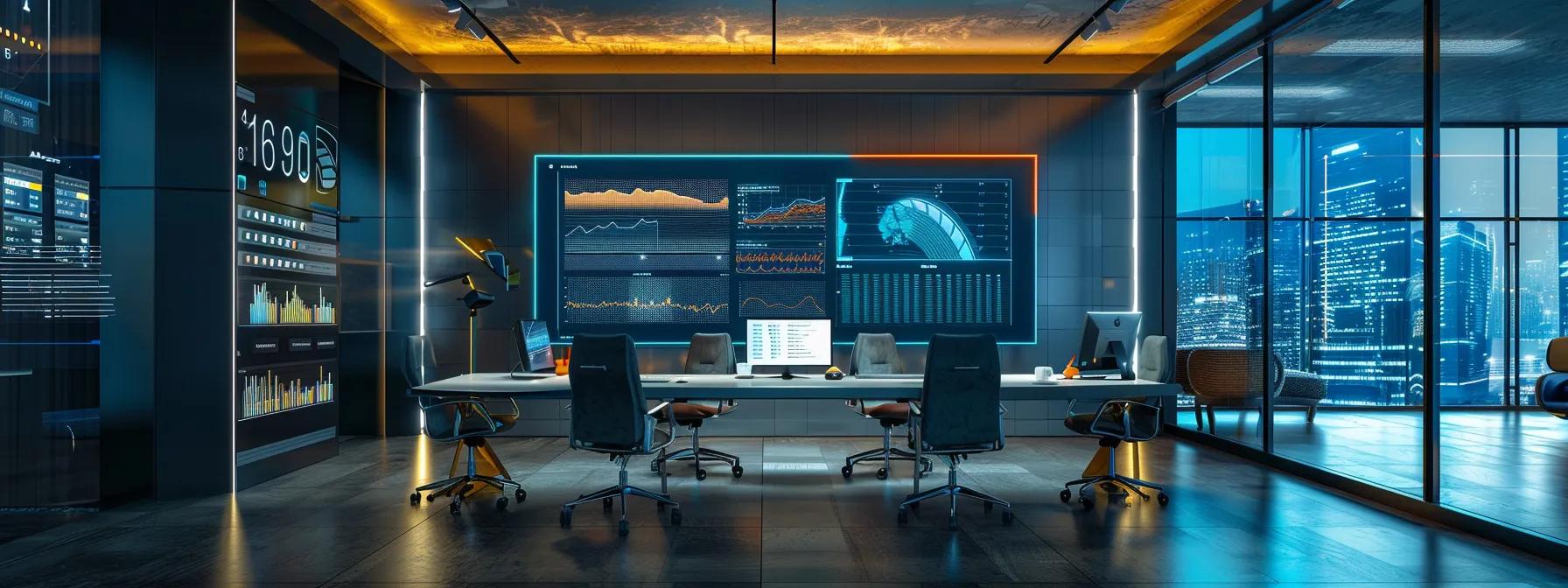 a sleek, modern office space showcases a digital dashboard displaying real-time metrics and analytics on ai strategy performance, illuminated by ambient lighting that emphasizes the focus on data-driven decision-making for continuous growth.