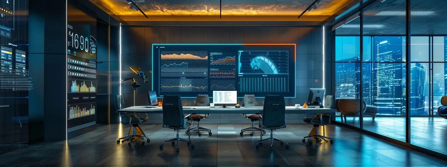 a sleek, modern office space showcases a digital dashboard displaying real-time metrics and analytics on ai strategy performance, illuminated by ambient lighting that emphasizes the focus on data-driven decision-making for continuous growth.