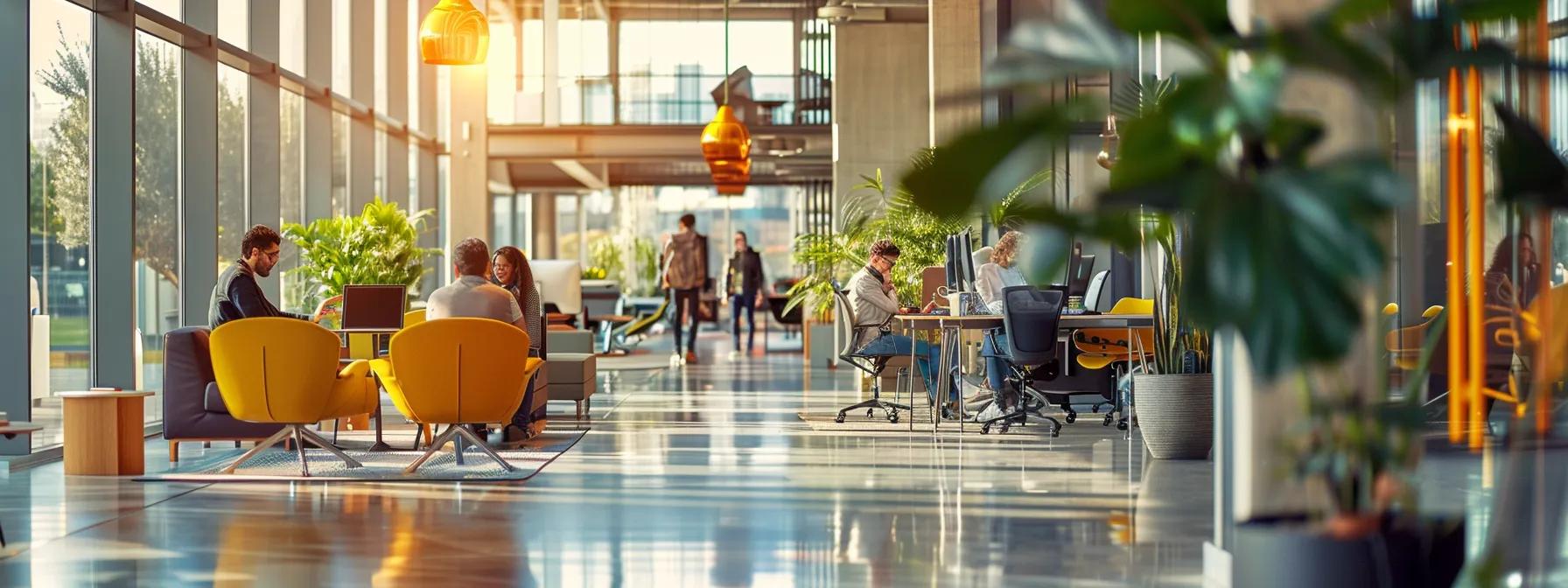 a sleek, modern office environment is bustling with professionals engaging with vibrant digital interfaces on their laptops and tablets, showcasing the dynamic impact of custom web app solutions on productivity and collaboration.