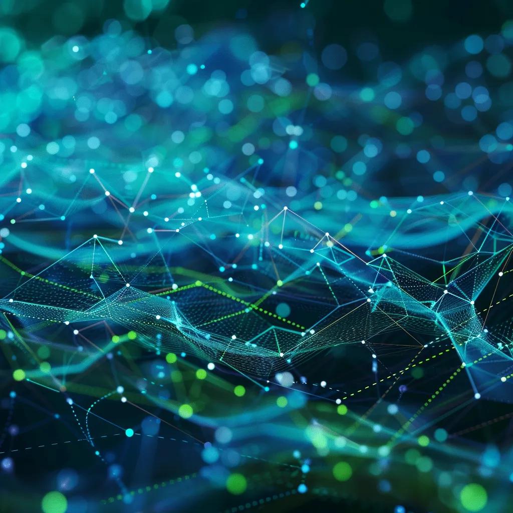 Futuristic digital landscape illustrating DAG blockchain technology with interconnected nodes and edges