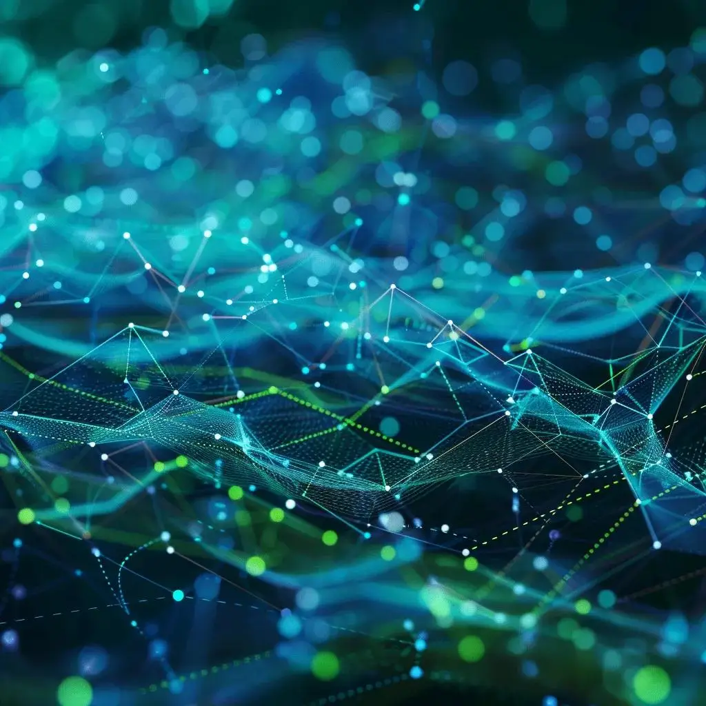 Futuristic digital landscape illustrating DAG blockchain technology with interconnected nodes and edges