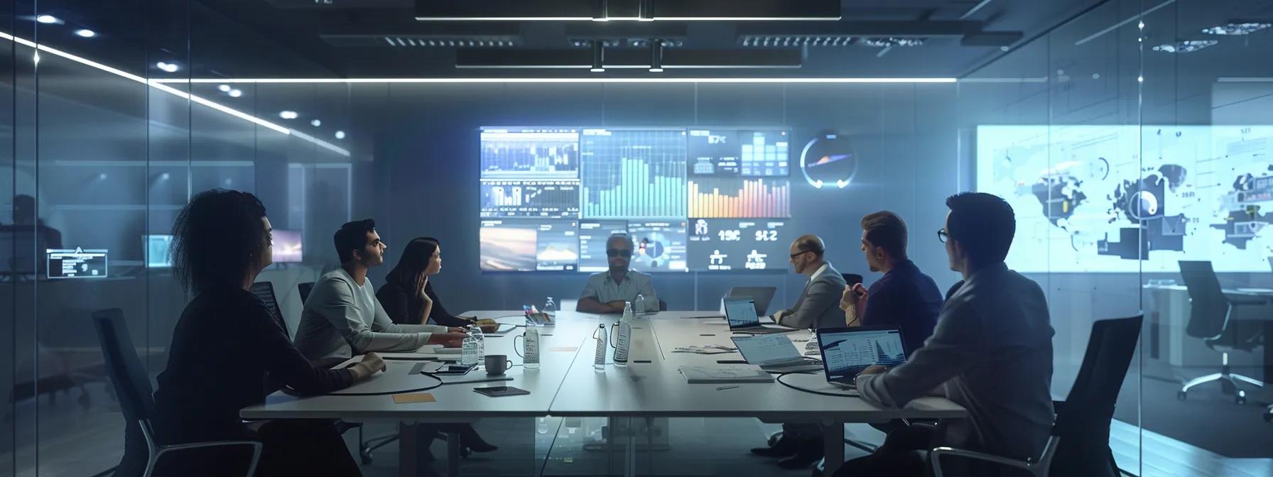 a dynamic office environment filled with diverse professionals collaborating around a sleek conference table, surrounded by digital project management displays and agile boards, vividly illustrating the synergy of project management and app development.