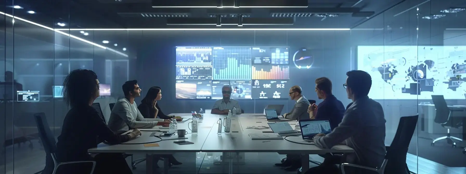 a dynamic office environment filled with diverse professionals collaborating around a sleek conference table, surrounded by digital project management displays and agile boards, vividly illustrating the synergy of project management and app development.