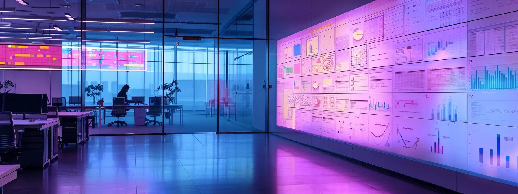 a sleek, modern office workspace showcases a digital whiteboard filled with colorful flowcharts and diagrams, illustrating the systematic application development process from planning to deployment, all under dynamic artificial lighting that enhances the vibrant tech ambiance.