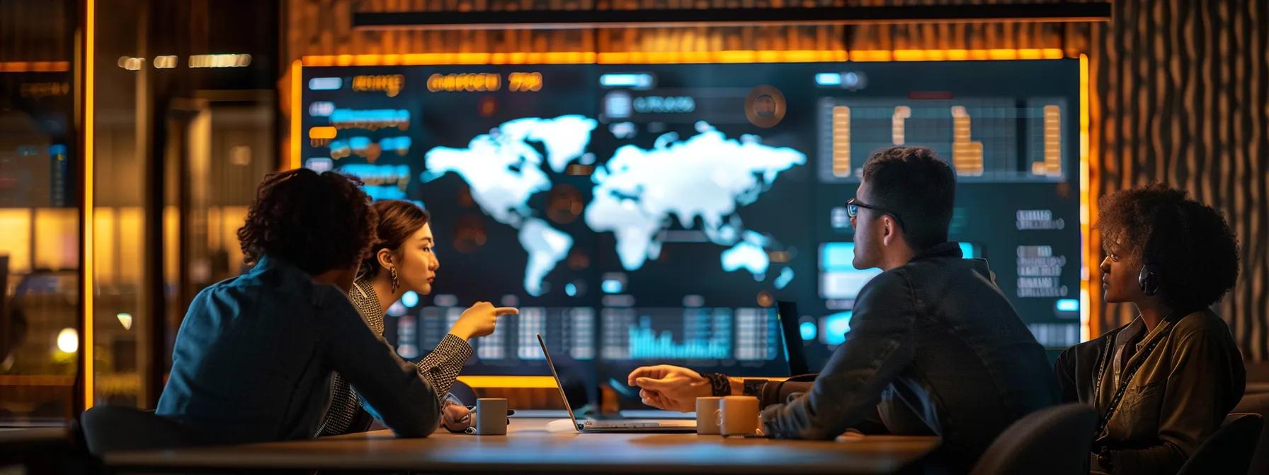a sleek, modern office workspace features a diverse team engaged in a collaborative discussion around a large digital screen displaying application development strategies, illuminated by focused, warm overhead lighting.