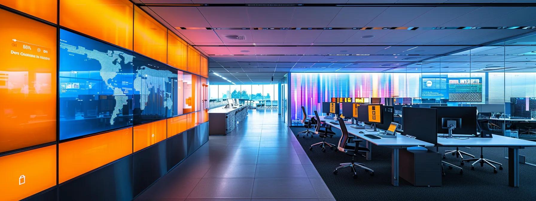 a sleek, modern office workspace featuring high-tech development tools and interactive screens, illuminated by dynamic, colorful lighting that emphasizes innovation and creativity in software solutions.