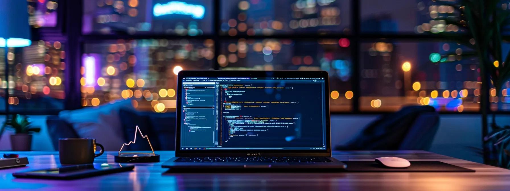 a dynamic office setting showcases a sleek laptop screen displaying a vibrant replit code editor with a blinking cursor, while a lightning bolt graphic symbolizes innovation and energy in software development.
