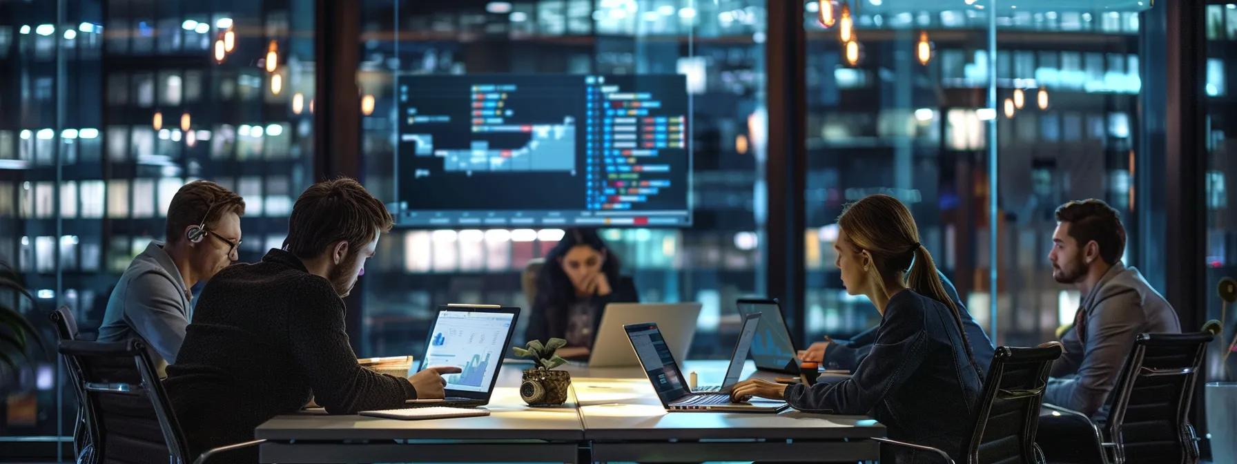 a dynamic urban office scene illustrates a diverse team of developers engaged in collaborative coding on sleek laptops, with collaborative code displayed on a large screen, emphasizing the seamless, cloud-based functionality of replit in enhancing teamwork.