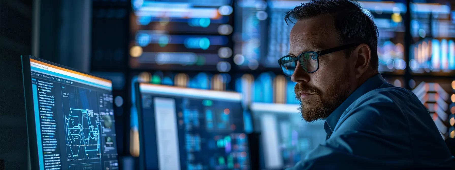 a focused software developer sits at a modern workstation, intently examining security protocols and code on multiple high-resolution monitors, illuminated by the cool glow of artificial lighting that highlights the seriousness of safeguarding flutter applications.