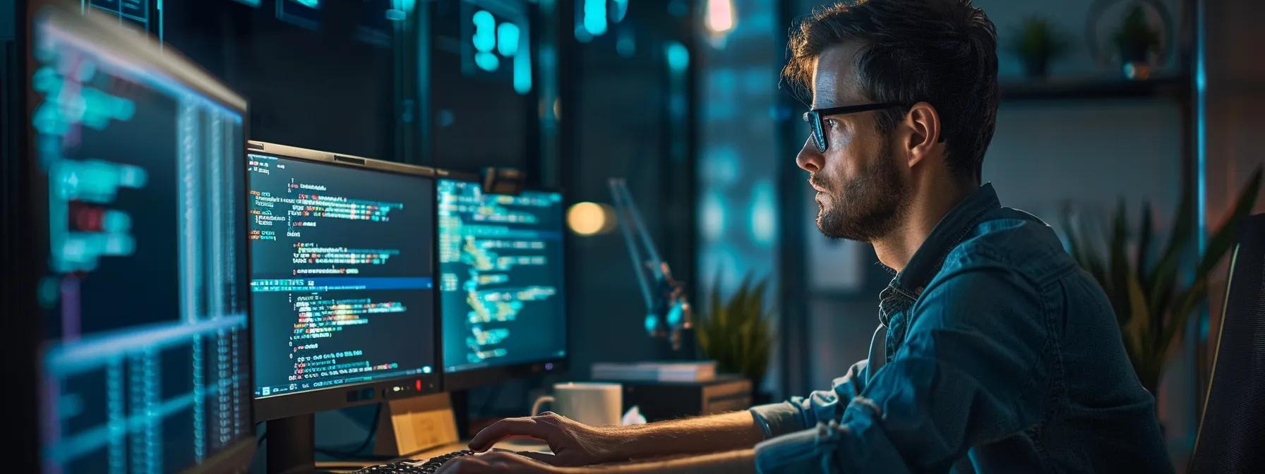 a focused software developer surveys a complex array of code and project documentation on multiple screens in a sleek, modern office, embodying the challenges of ai integration in mobile app development.