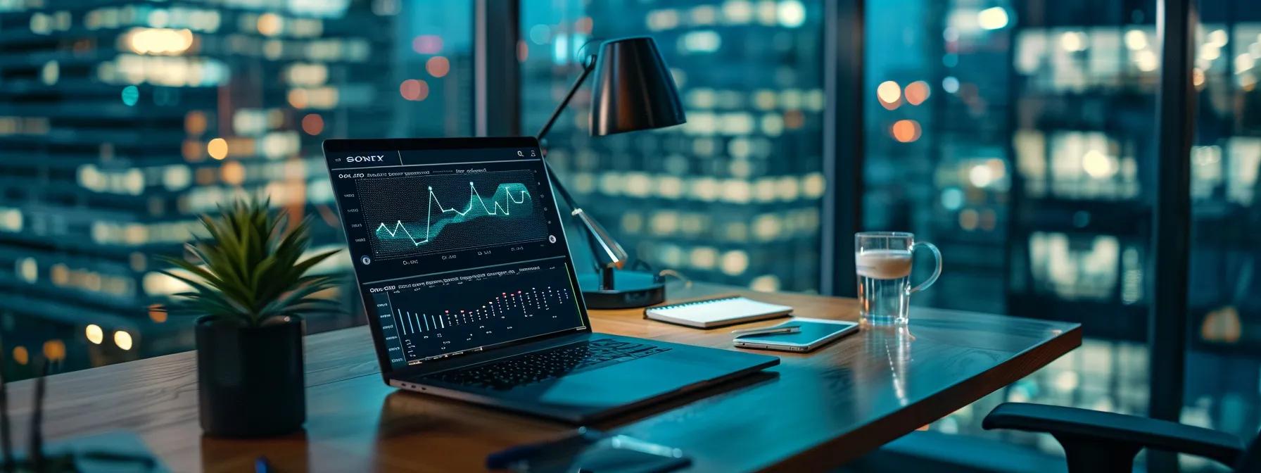 a focused view of a sleek, modern office workspace, featuring a high-tech laptop displaying intricate digital security graphs and codes, emphasizing the theme of mobile application security in a sophisticated urban environment.