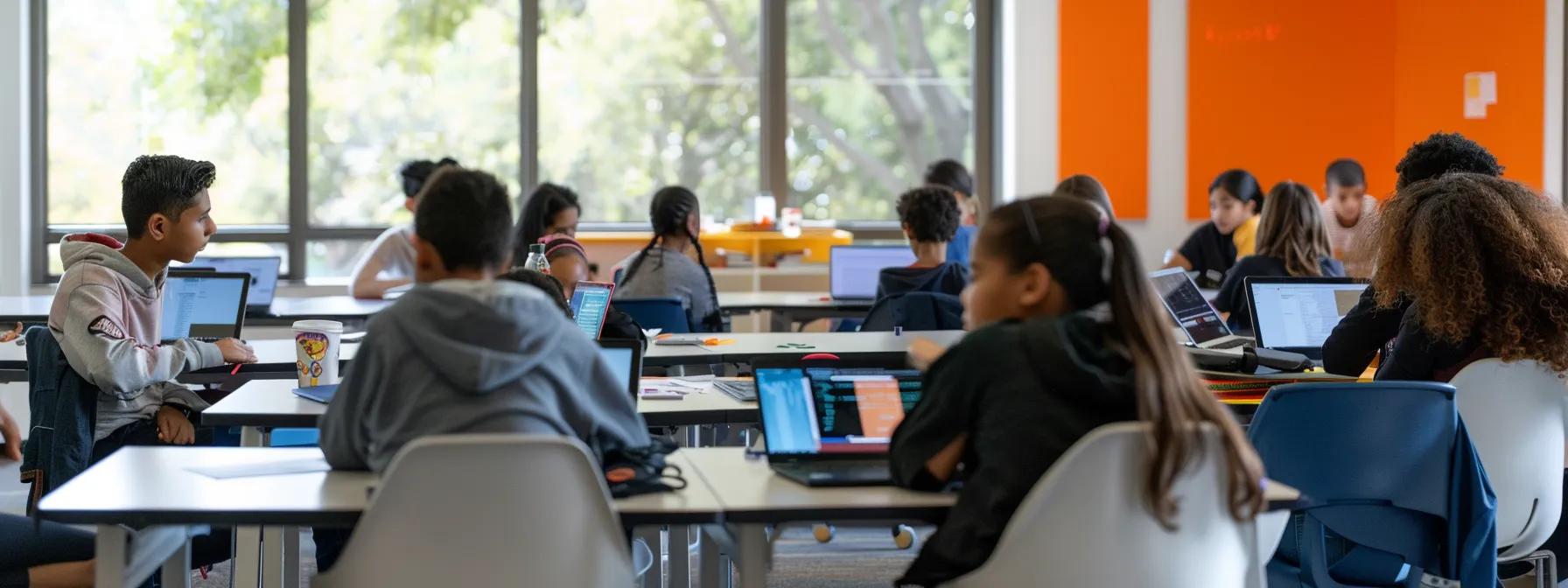 a modern classroom setting features diverse students engaging with laptops displaying the vibrant replit interface, while an educator facilitates a dynamic coding project around them, emphasizing collaboration and interactive learning.