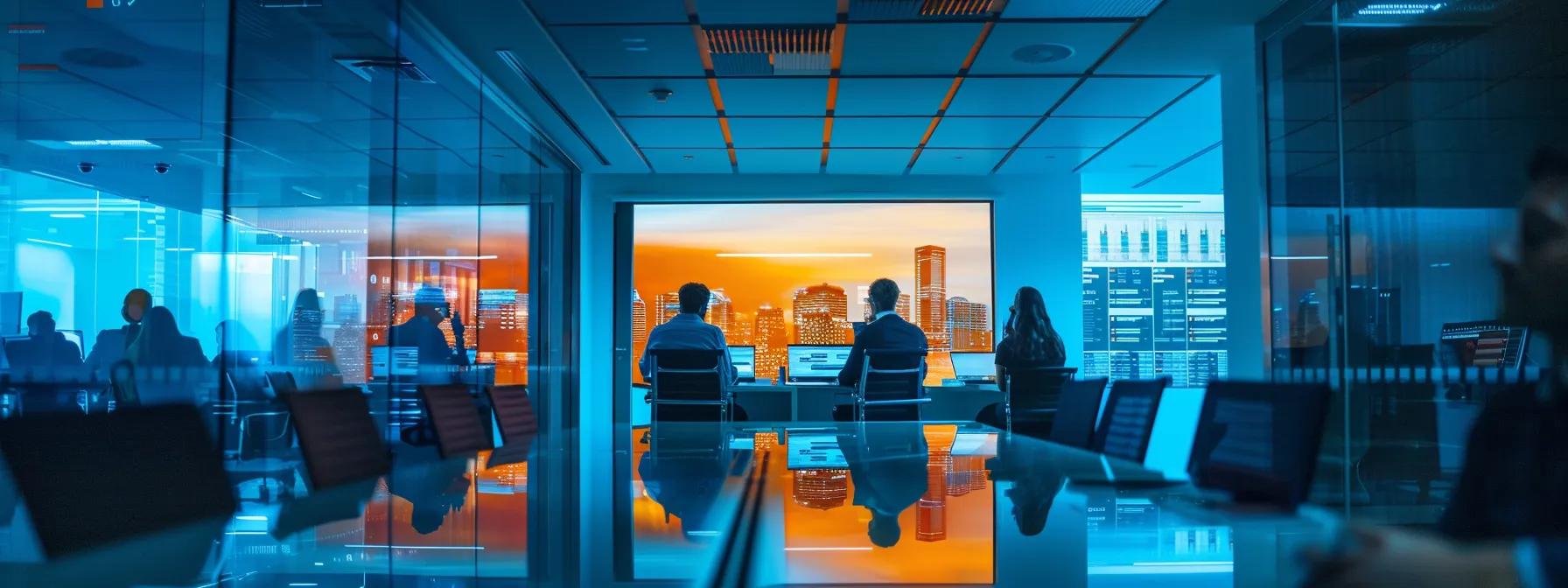 a modern office setting features a sleek conference room filled with professionals engaged in a dynamic discussion, surrounded by digital screens displaying software metrics and evaluation criteria.