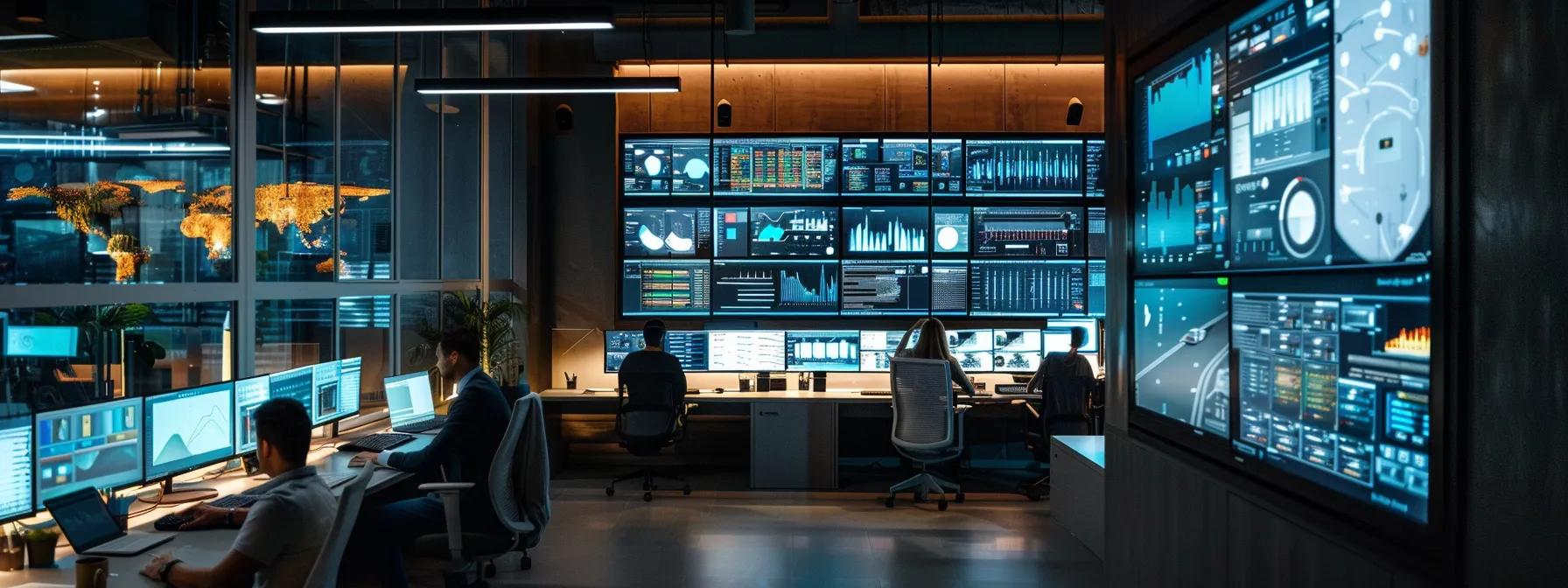 a modern office workspace featuring multiple screens displaying collaborative coding sessions, with diverse professionals engaged in brainstorming and real-time problem-solving, illuminated by dynamic led lighting that emphasizes a high-tech atmosphere.