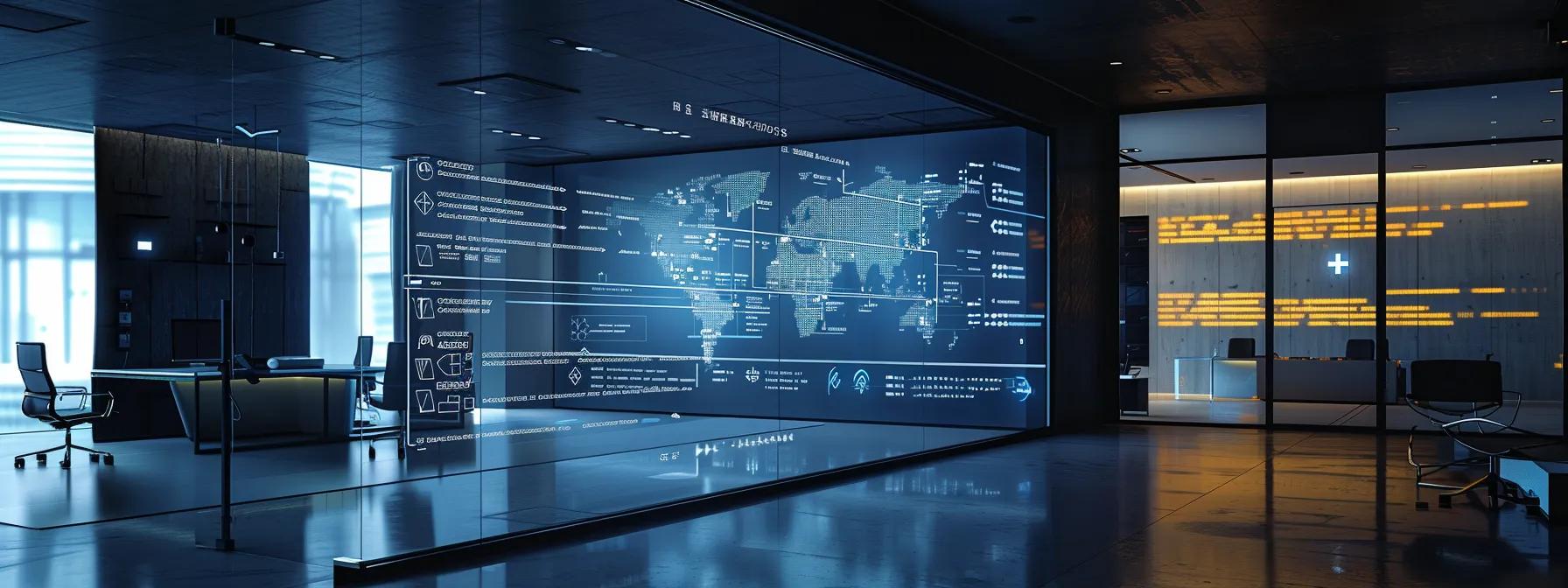 a sleek, high-tech office environment displays a large screen showcasing a detailed flowchart of gdpr, hipaa, and ccpa compliance requirements, symbolizing the critical importance of security and data protection in mobile app development.