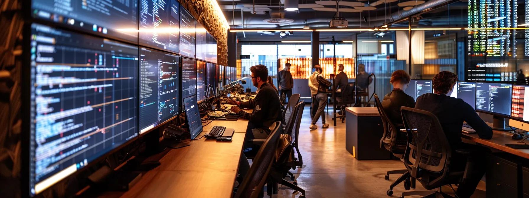a sleek, modern office interior showcases a collaborative coding session on multiple screens, with developers engaged in dynamic discussions about innovative tools like replit, cursor, and bolt, illuminated by focused artificial lighting and emanating a vibrant tech atmosphere.