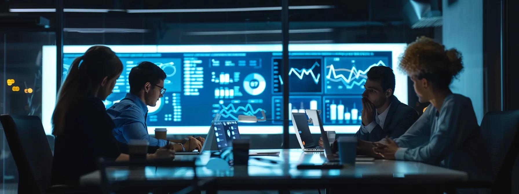 a sleek, modern office workspace showcases a high-tech mobile app development team collaborating around a large digital screen displaying vibrant app interfaces and ai analytics, illuminated by cool white lighting.