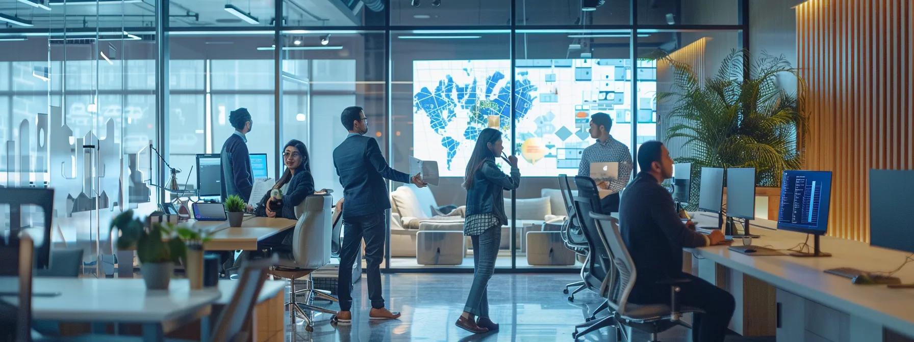 a sleek, modern office workspace buzzes with energy as a diverse team of professionals collaborates around a high-tech screen showcasing the real-time deployment process of bolt, embodying the efficiency and innovation of automation in build workflows.