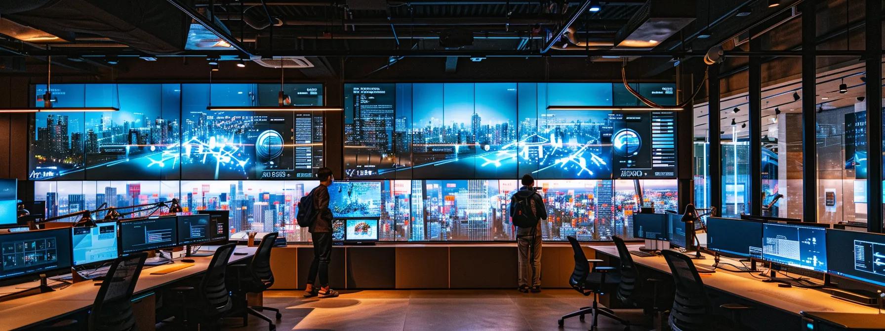 a sleek, modern office workspace showcases multiple high-resolution screens displaying diverse ai frameworks and mobile app development interfaces, illuminated by purposeful lighting that highlights the innovative technology at play.