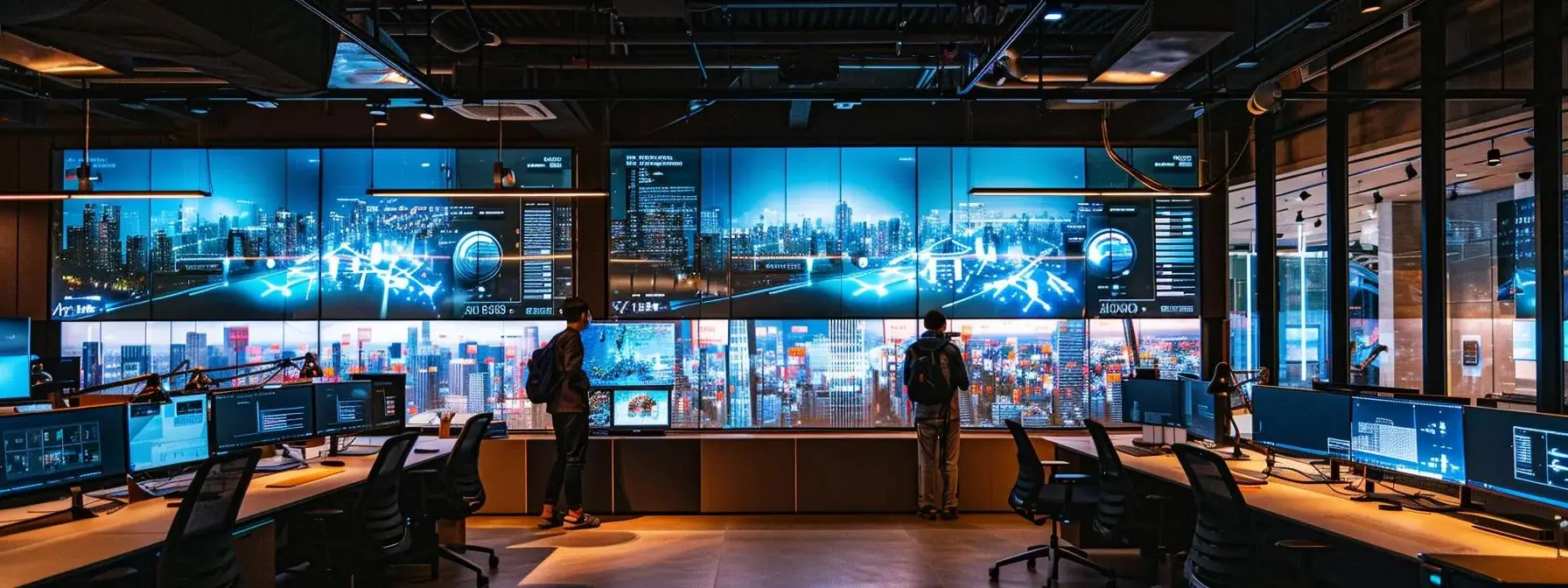 a sleek, modern office workspace showcases multiple high-resolution screens displaying diverse ai frameworks and mobile app development interfaces, illuminated by purposeful lighting that highlights the innovative technology at play.