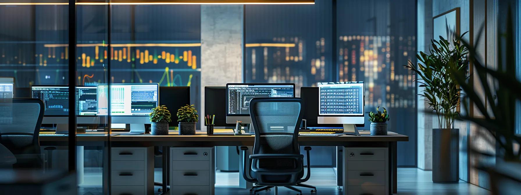 a sleek, modern office workspace showcases multiple computer screens displaying dynamic graphs and code, highlighting the critical importance of static, dynamic, and runtime testing methods for securing mobile app vulnerabilities.