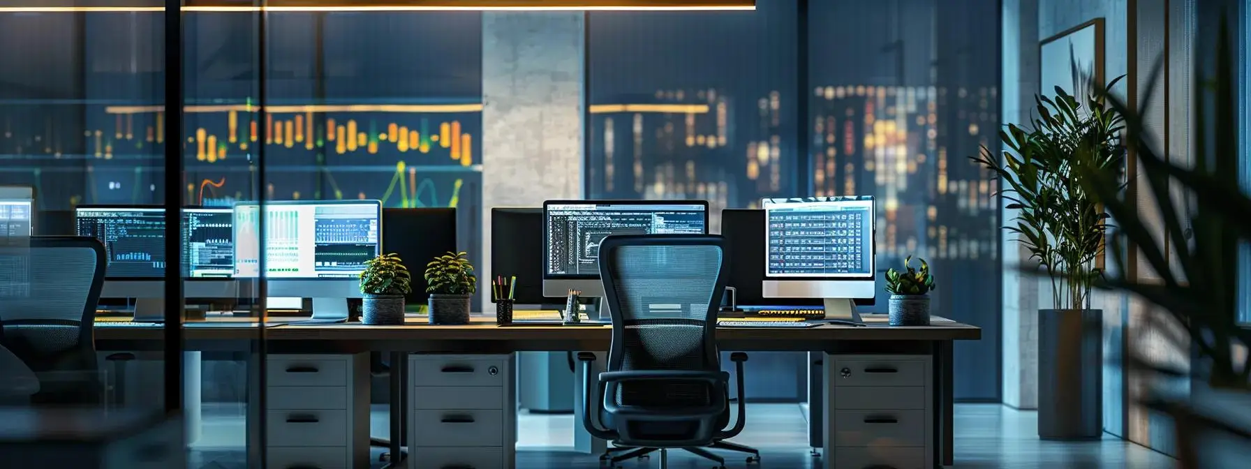 a sleek, modern office workspace showcases multiple computer screens displaying dynamic graphs and code, highlighting the critical importance of static, dynamic, and runtime testing methods for securing mobile app vulnerabilities.