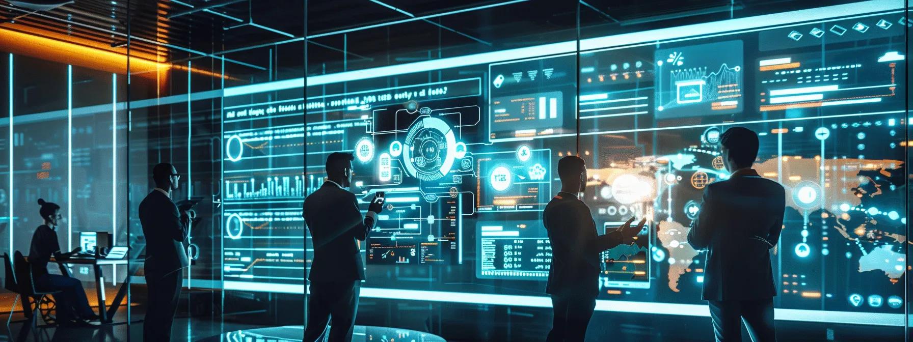 a sleek urban office space showcases a futuristic mobile app interface on a large digital screen, with vibrant visuals illustrating ai-driven personalization and real-time data analytics, set against a backdrop of modern tech-savvy professionals engaging with the technology.