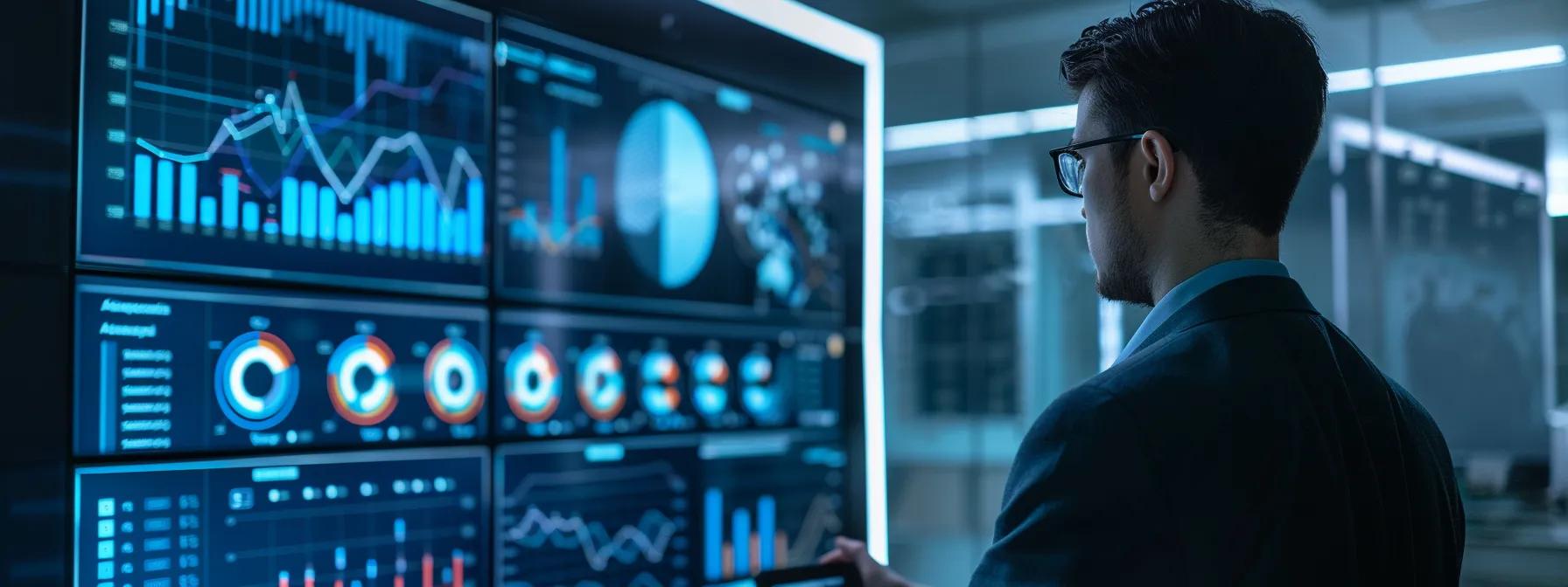 a focused business analyst examines a large digital dashboard displaying security metrics and performance graphs in a sleek, modern office, illuminated by cool-toned overhead lights.