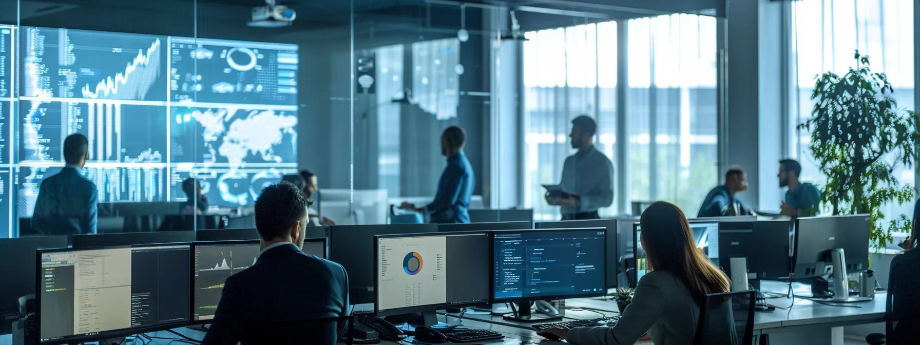 a modern office filled with focused professionals collaborating around digital screens displaying complex security analytics, emphasizing the urgency and evolution of testing practices against emerging cyber threats.