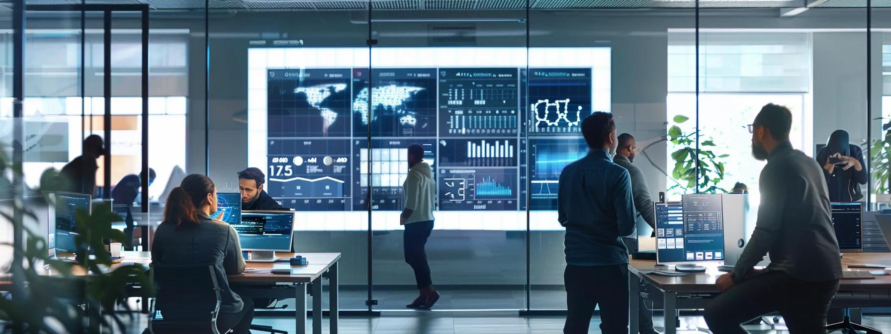 a sleek, modern office environment showcasing a strategically placed digital dashboard displaying security protocols, surrounded by professionals engaging in discussions about integrated security tools and data handling practices.