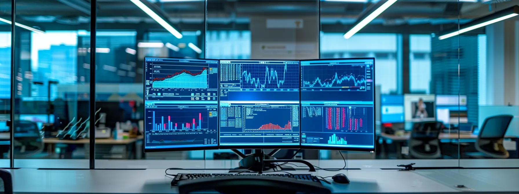 a sleek, modern office workspace is filled with high-tech computer monitors displaying dynamic graphs and security vulnerability reports, emphasizing the meticulous atmosphere of rigorous security and performance testing.