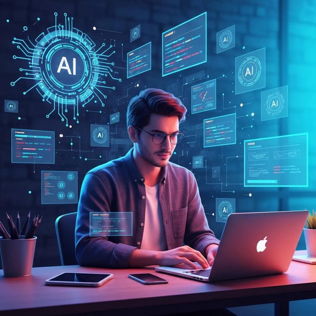 Developer engaged in vibe coding with AI technology in a modern workspace