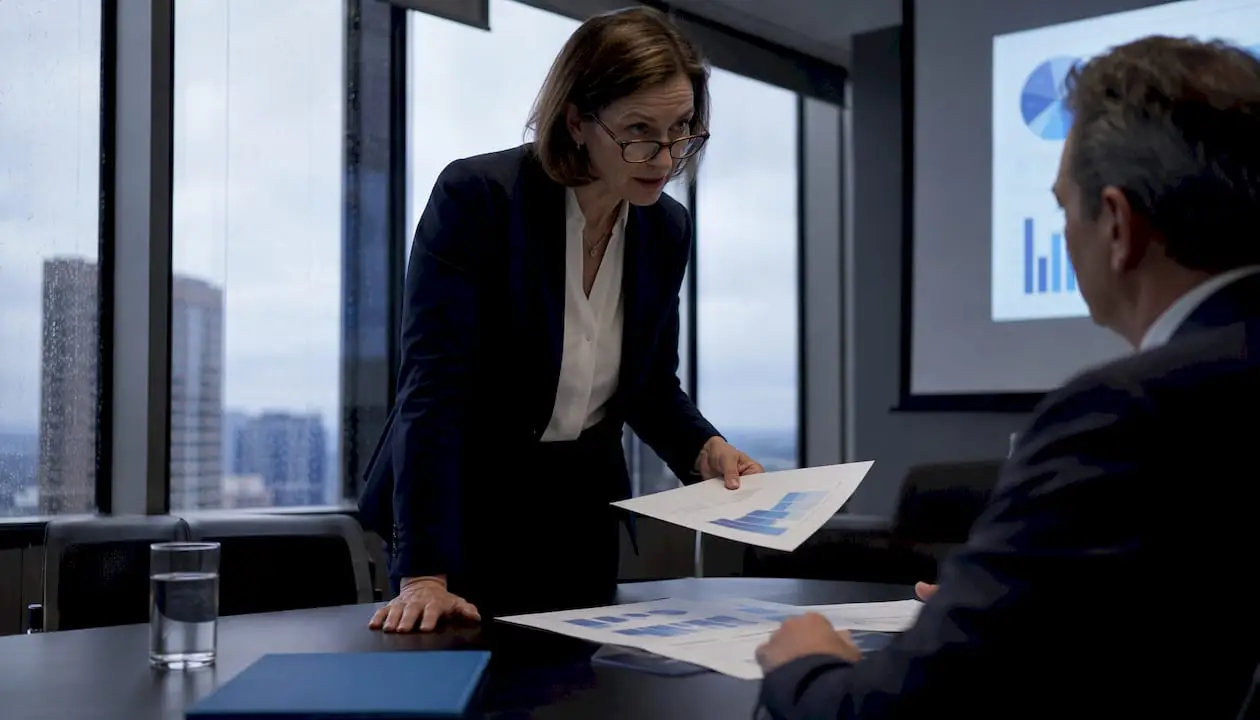 Woman reviewing AI risk reports in office