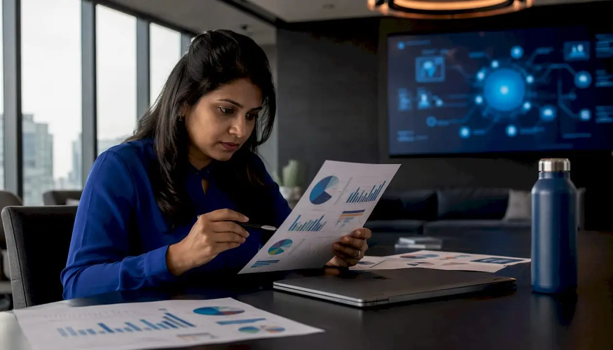 HR manager reviewing AI readiness report in office