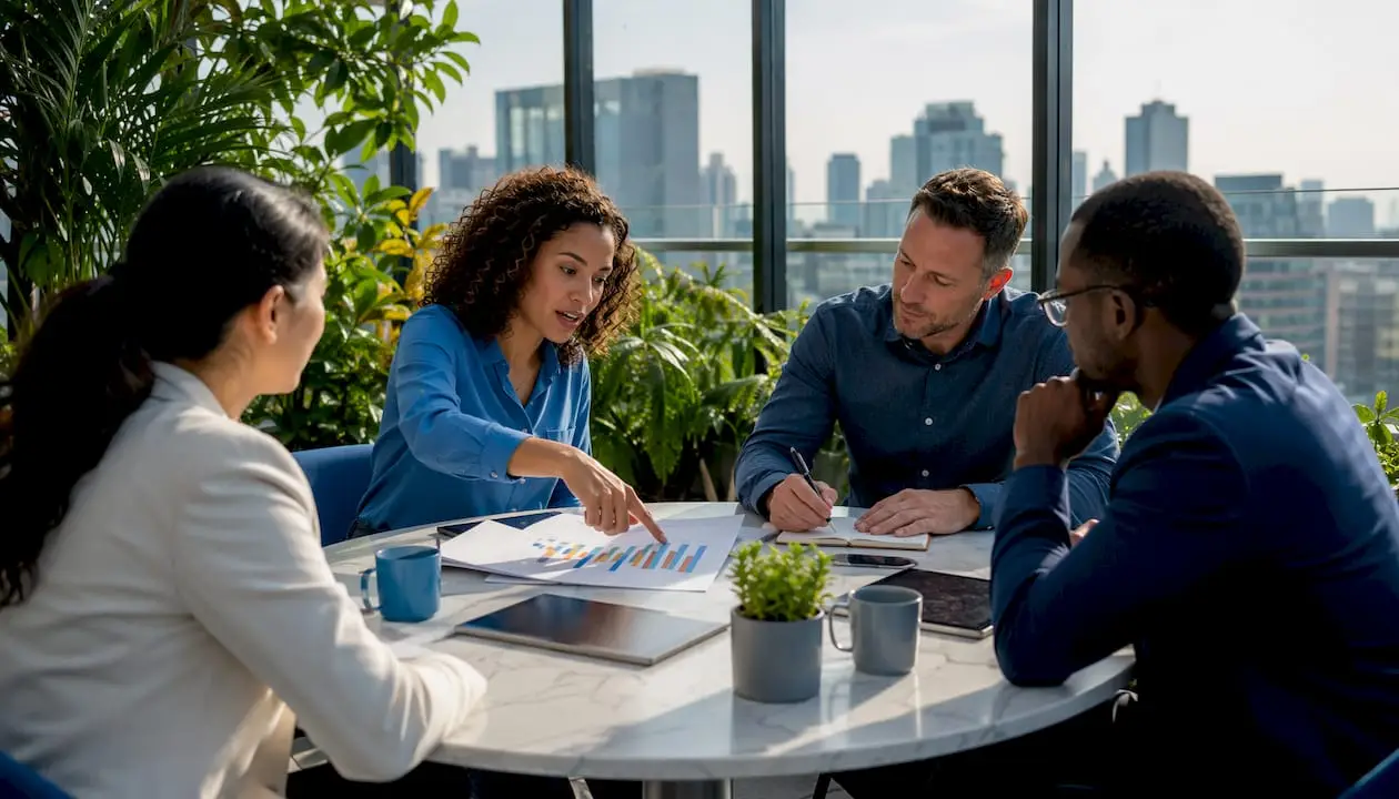 Business meeting about AI governance in office
