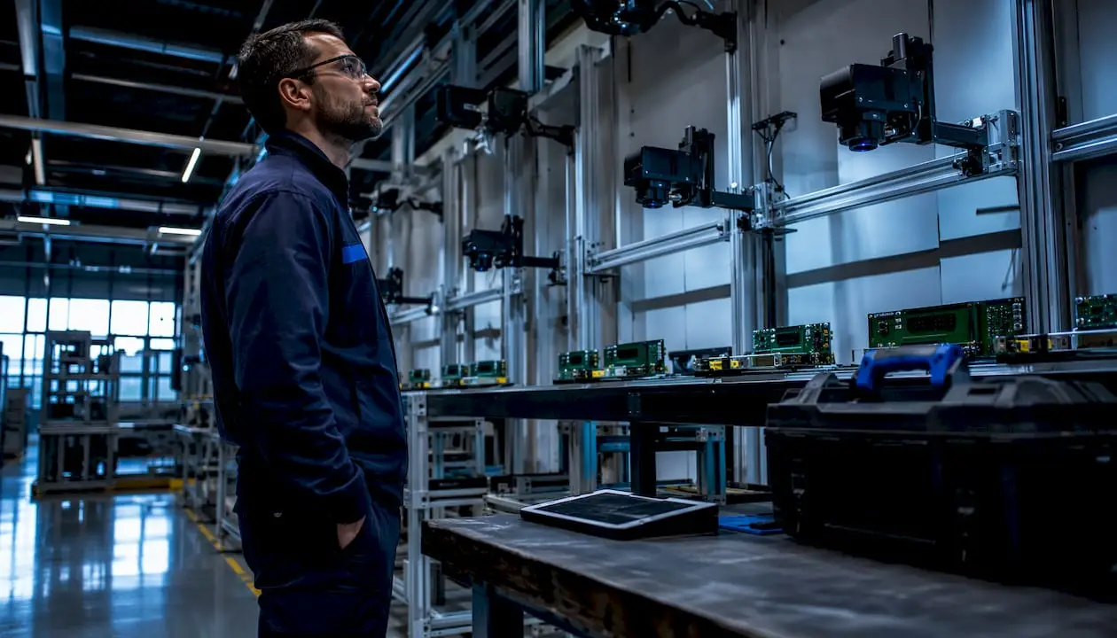 Engineer monitoring defect detection on production line