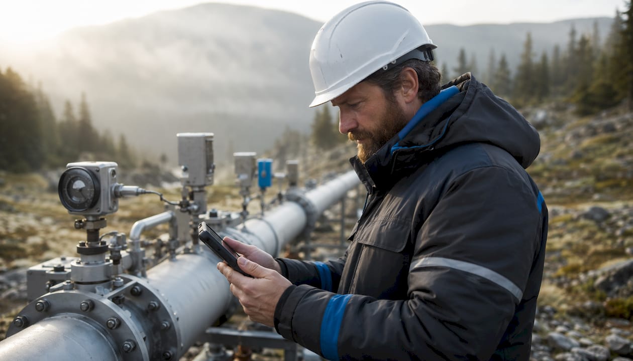 Pipeline engineer inspecting leak detection data outdoors