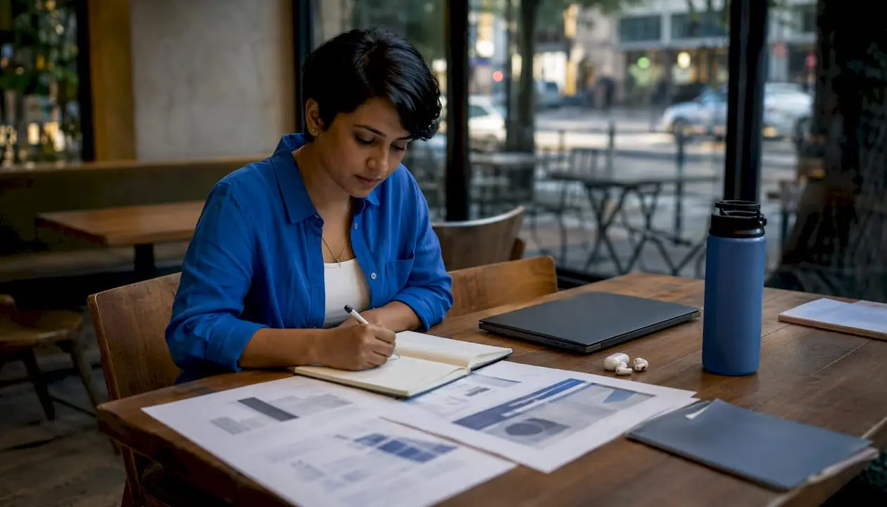 Woman analyzing AI analytics platforms in office