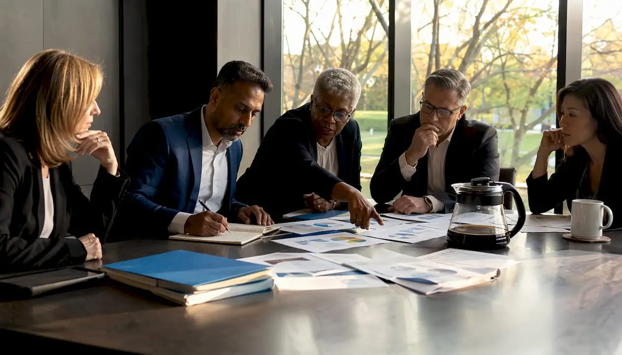 Board members discussing AI business case in conference room