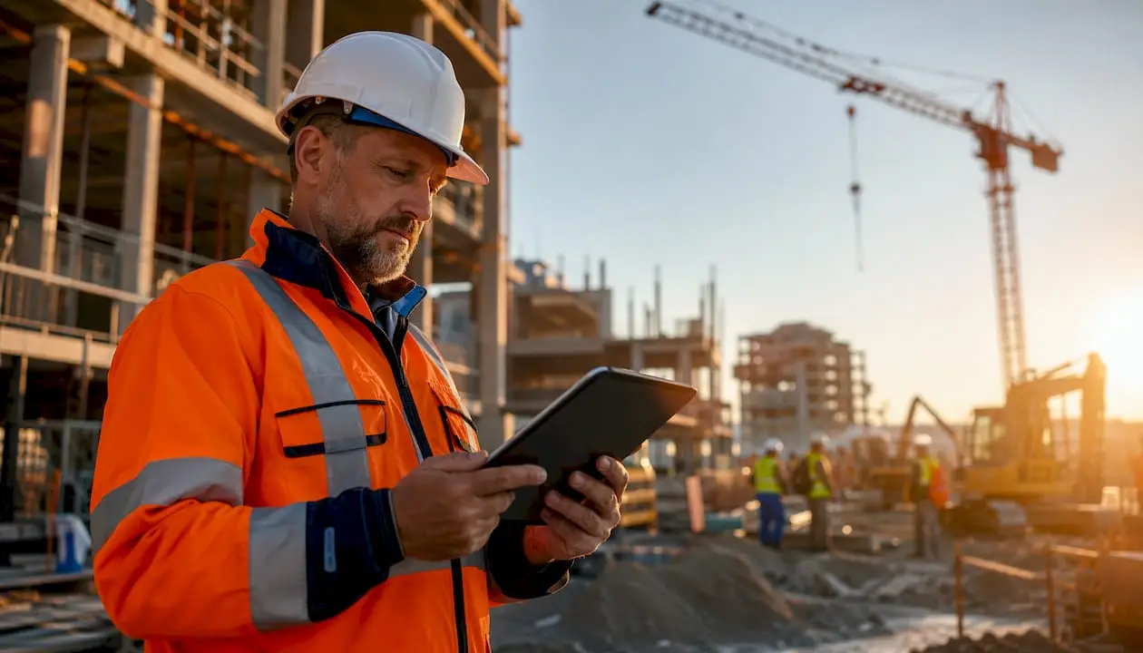 Construction manager using tablet on active job site