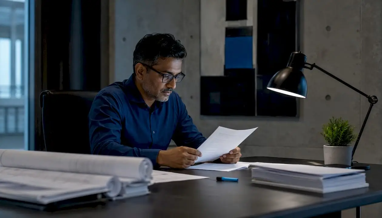 Man reviewing contract documents at construction office