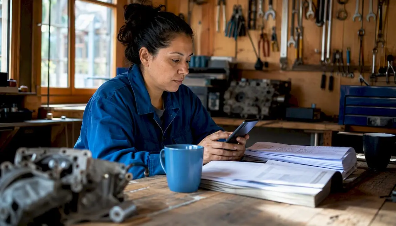 Technician using mobile CMMS software on smartphone