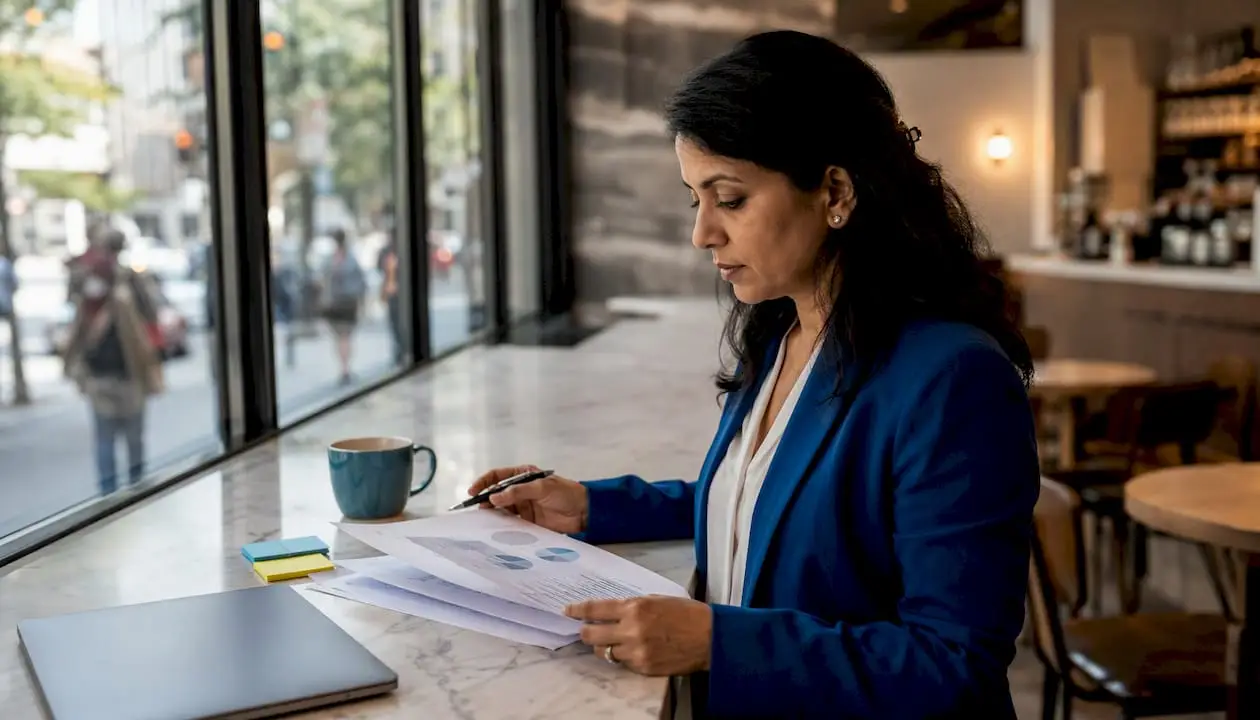 Businesswoman reviewing custom AI strategy documents