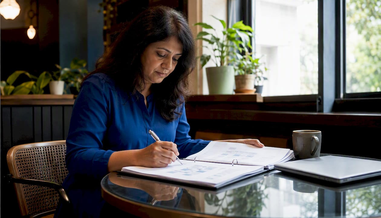 Businesswoman reviewing data catalog documents