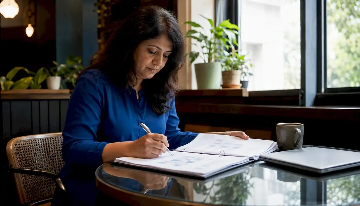 Businesswoman reviewing data catalog documents
