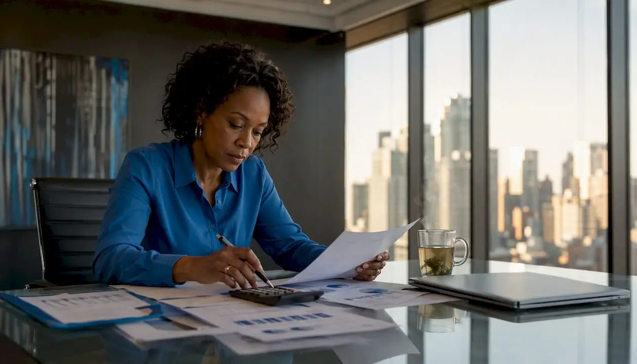 Woman reviewing AI project budget papers