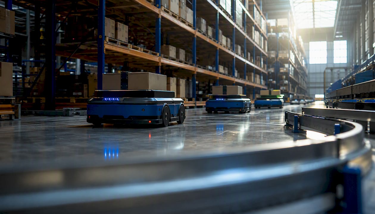 Automated robots and conveyor in warehouse