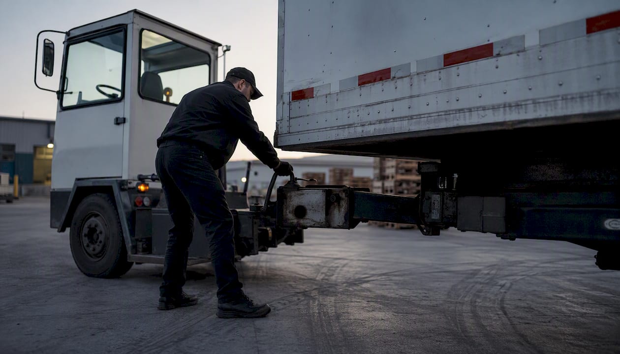 Spotter truck hooking trailer in logistics yard