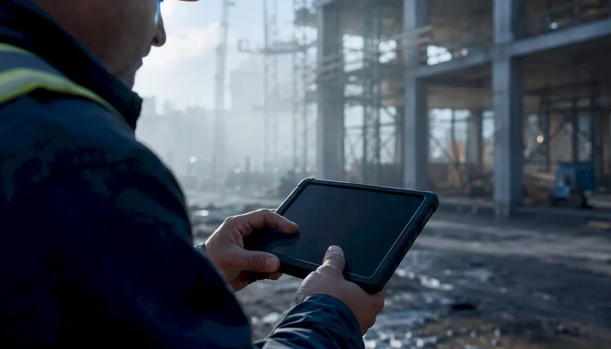 Hands operating rugged tablet on site